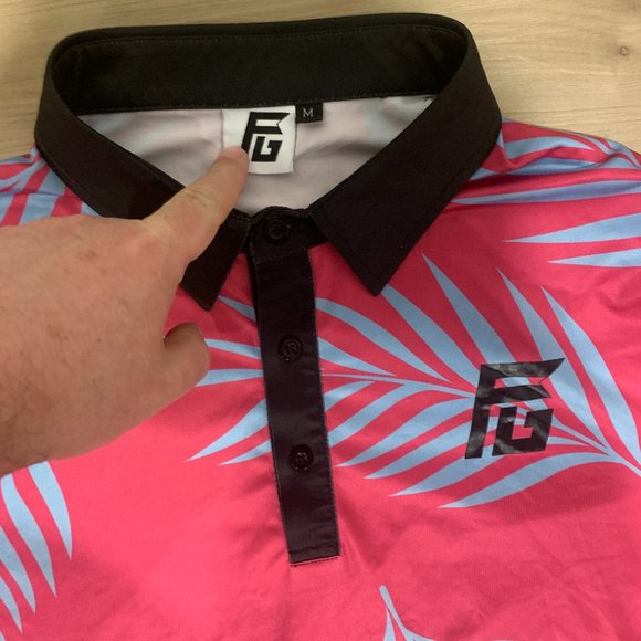 Flyte Golf Men's Medium Polo/Golf Shirt Fusia Colour with Palm Leaves Design - Picture 3 of 5